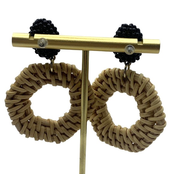 Rattan Dangle Hoop Earrings Boho Pierced Straw Wicker Braided Woven Earrings Tan - Picture 4 of 13